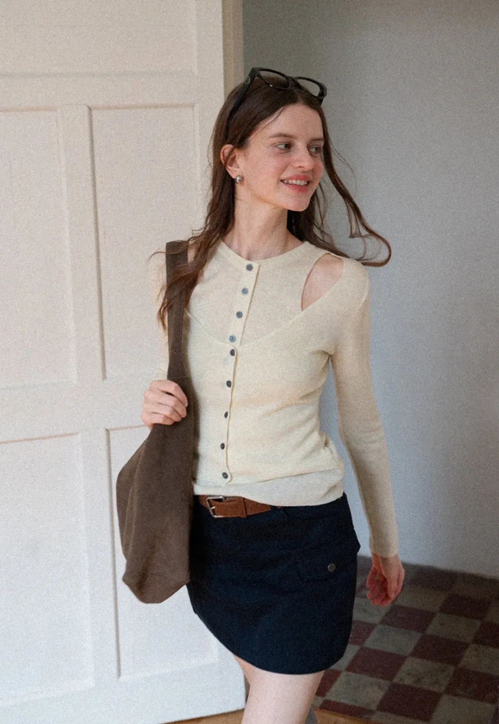 Cut-Out Button Long Sleeve Knit Top