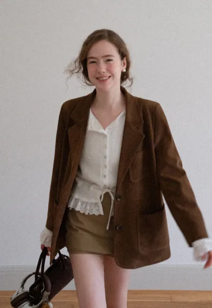 Faux Suede Blazer Jacket for Women with Pockets