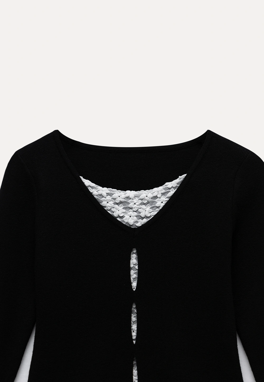 Black Long Sleeve V-Neck Cardigan with Lace Deta