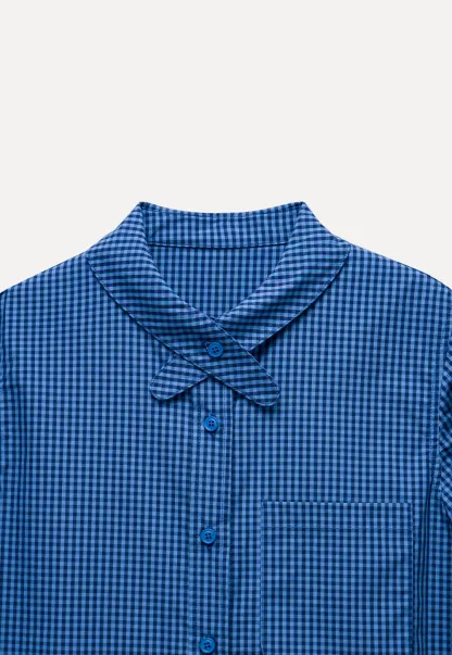 Womens Gingham Bow-Collar Long Sleeve Shirt