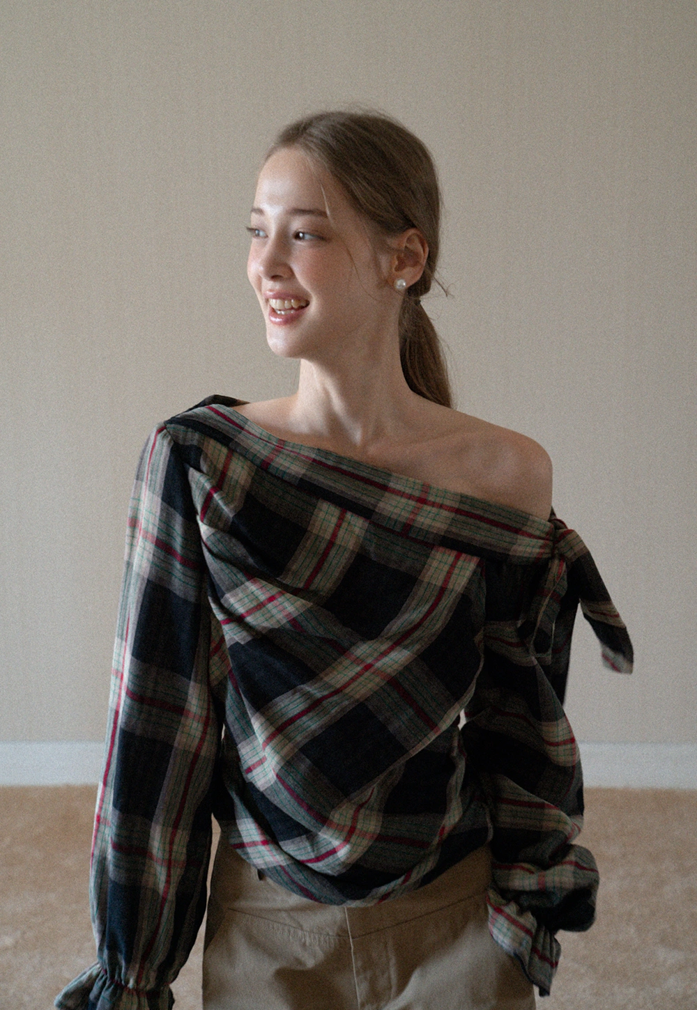 Womens Plaid Off Shoulder Tie Blouse