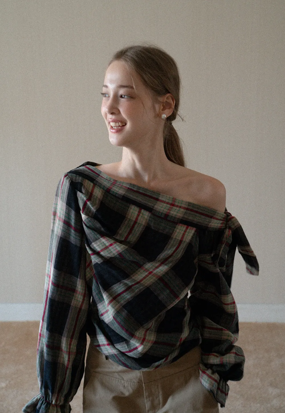 Womens Plaid Off Shoulder Tie Blouse