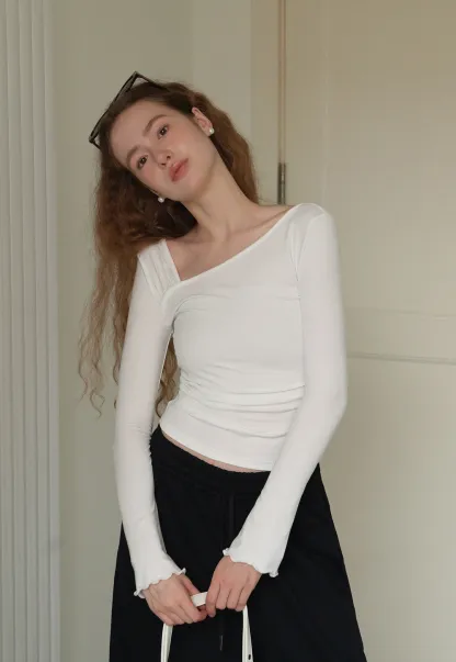 Womens Asymmetrical Neck Slim Fit Long Sleeve Top
