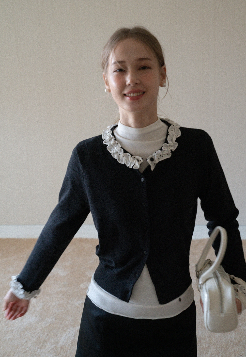 Ruffle Trim Button Down Knit Cardigan