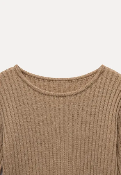 Womens Ribbed Crew Neck Long Sleeve Knit Top