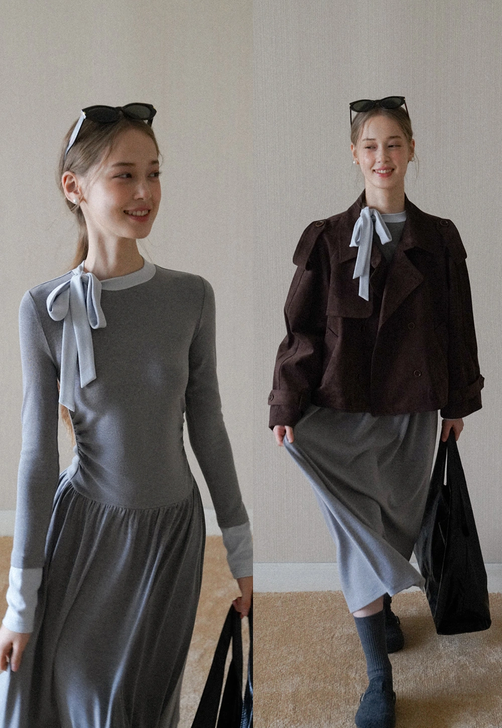 elegant grey long sleeve casual a-line dress