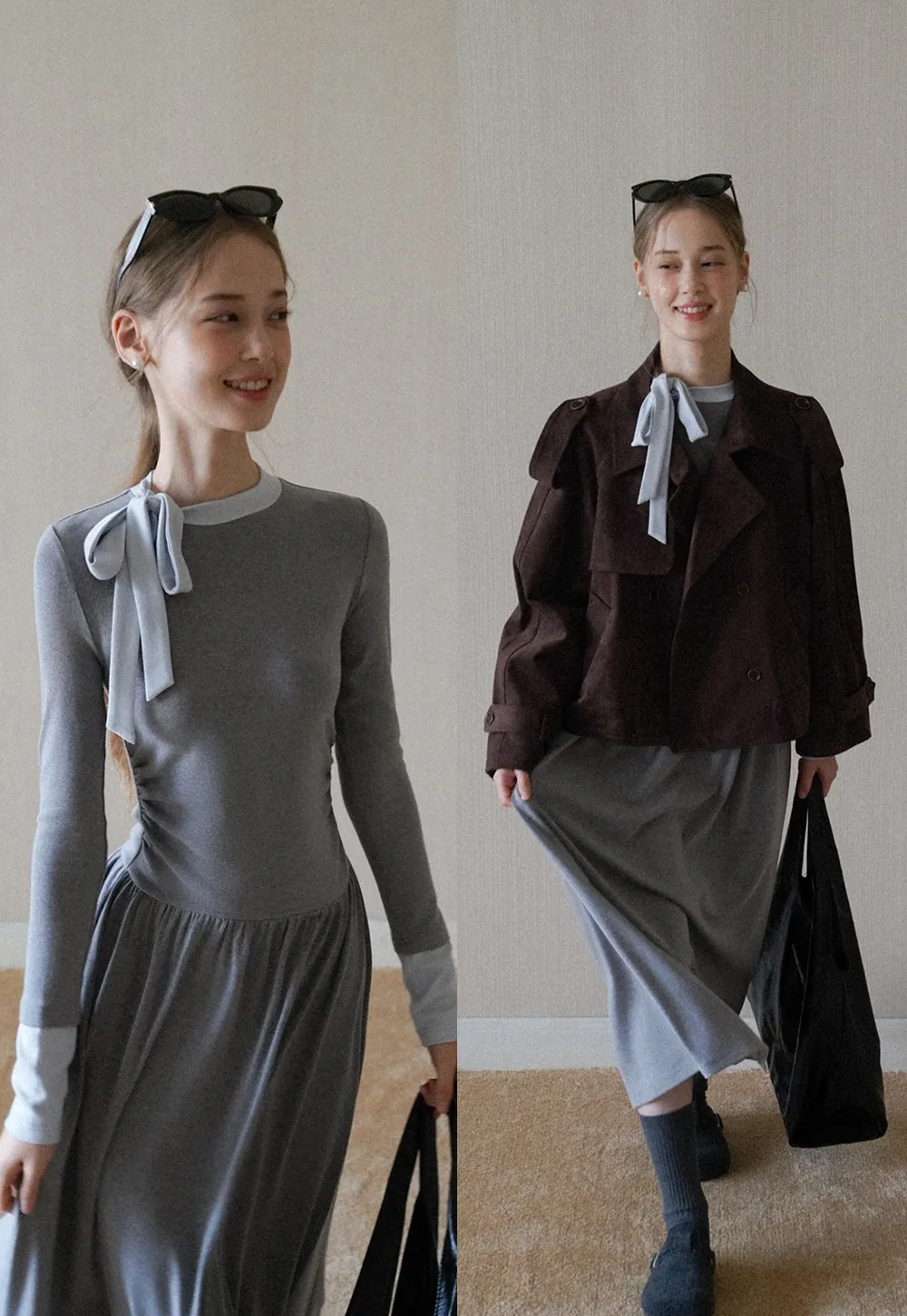 elegant grey long sleeve casual a-line dress