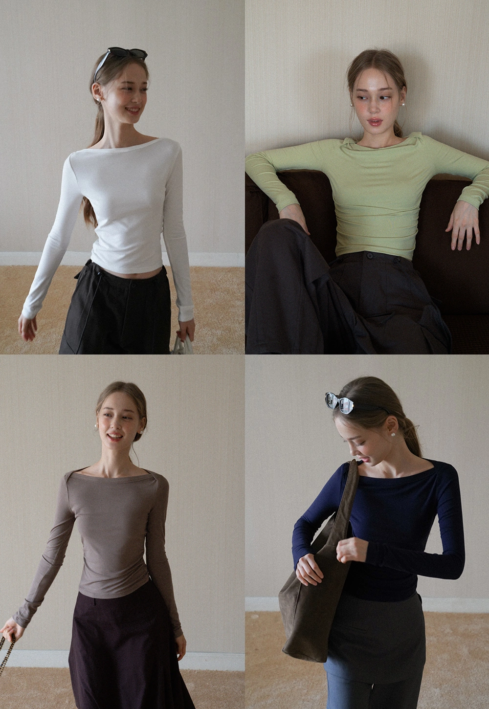 Women Boat Neck Ruched Long Sleeve T-Shirts