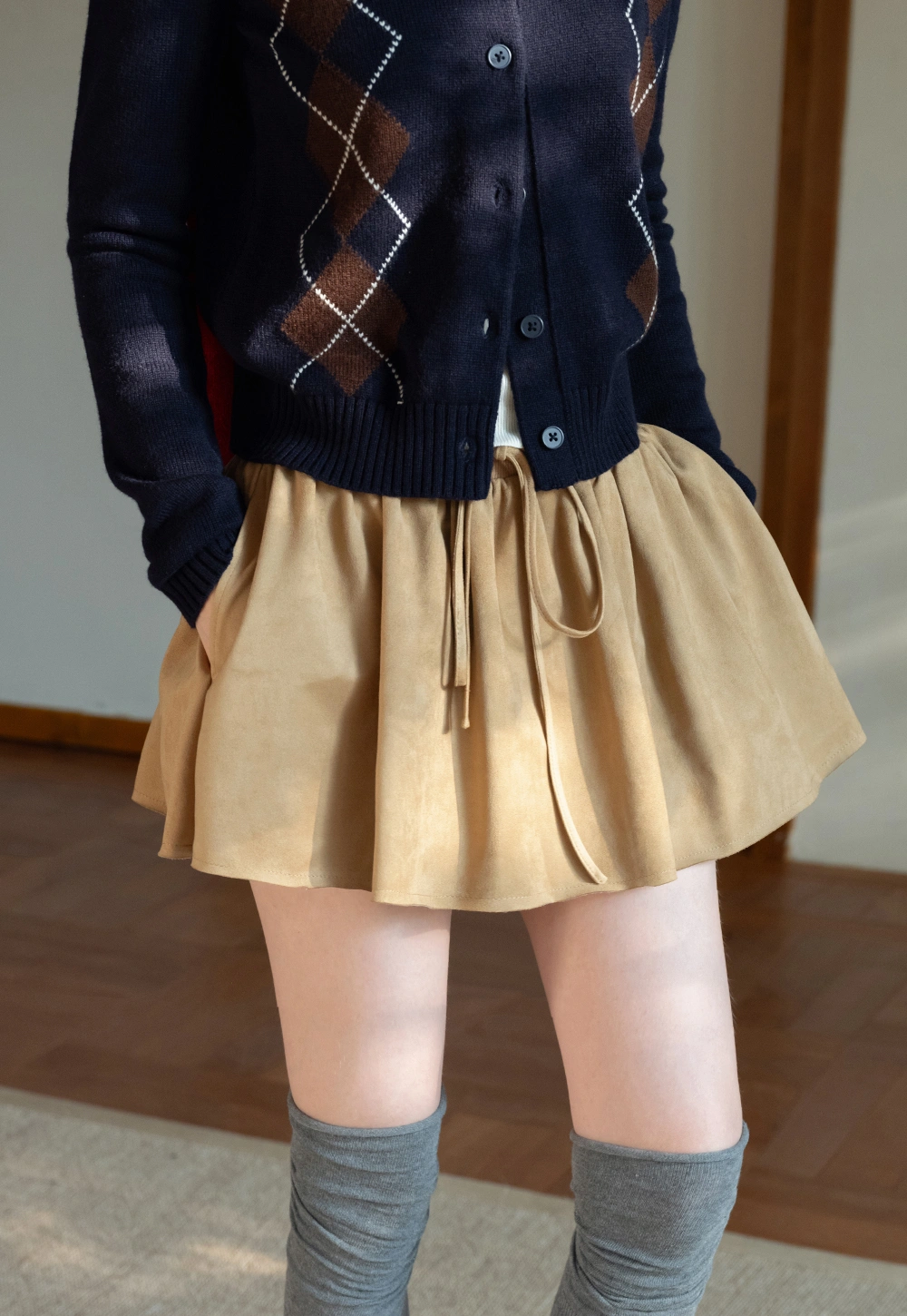 Womens Khaki Drawstring High Waist Pleated Mini Skirt