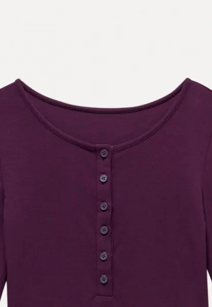 Womens Button Front Long Sleeve Henley Top