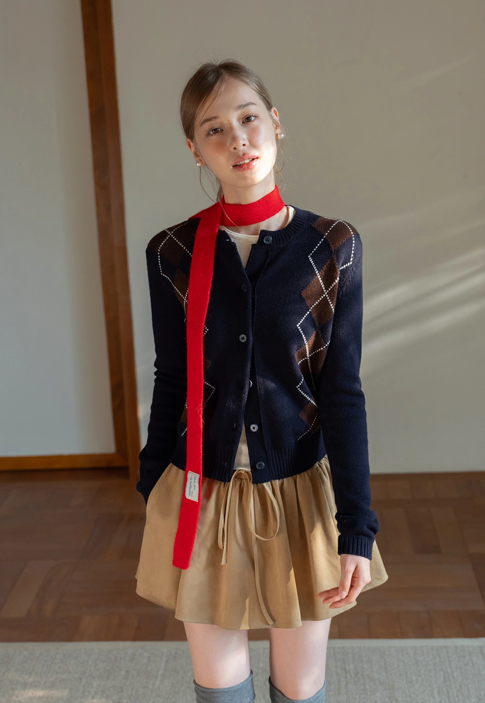 Womens Argyle Knit Cardigan Sweater Button Down Long Sleeve