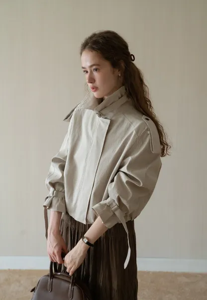 Womens Short Trench Coat Jacket with Belted Cuffs and Epaulets