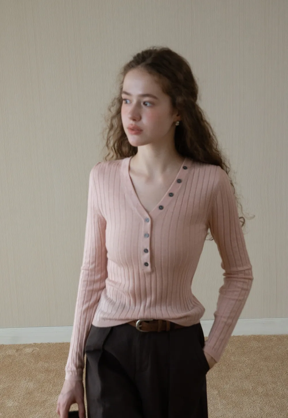 Ribbed Knit V-Neck Top with Slanted Button Detail