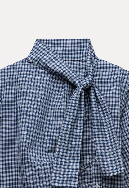 Womens Gingham Bow Tie Blouse Long Sleeve Shirt