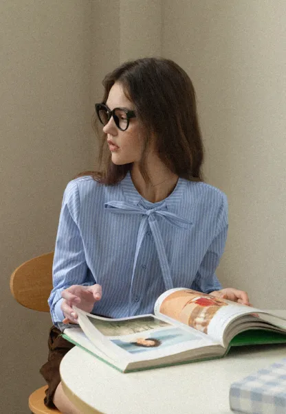 Striped Bow Tie Neck Long Sleeve Blouse