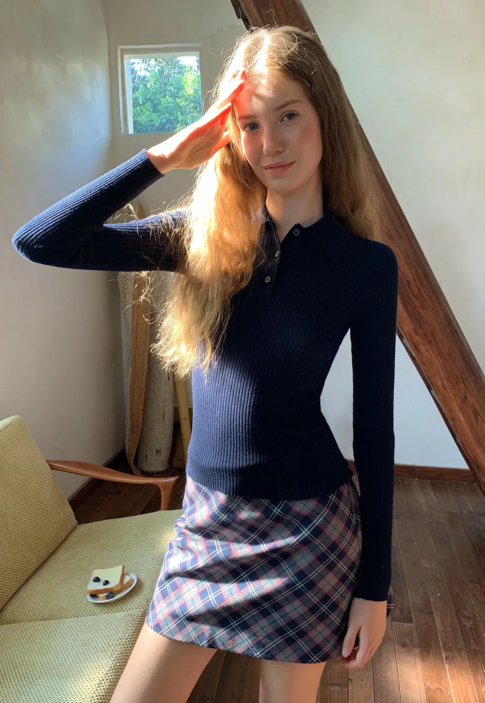 Ribbed Knit Collared Pullover Top