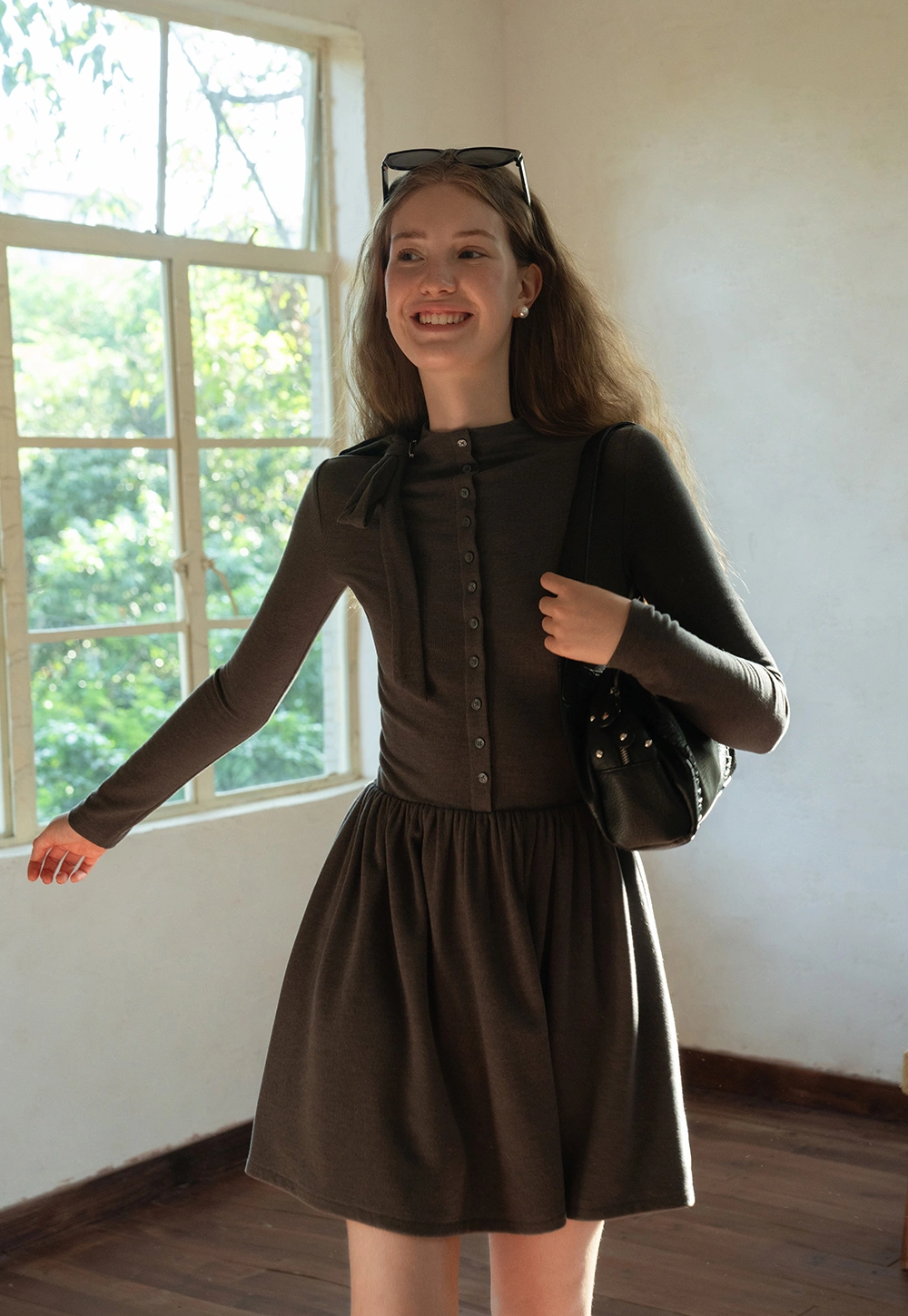 Long Sleeve Bow Tie Mini Dress