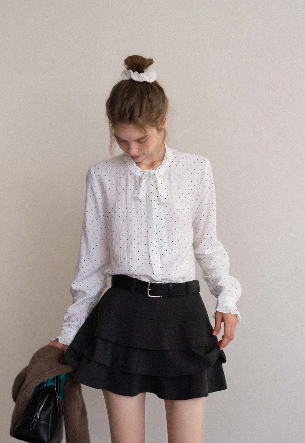 Womens Polka Dot Ruffle Trim Blouse with Bow Tie Neck
