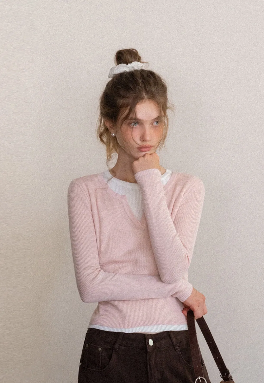 Contrast Layered Knit Long Sleeve Top