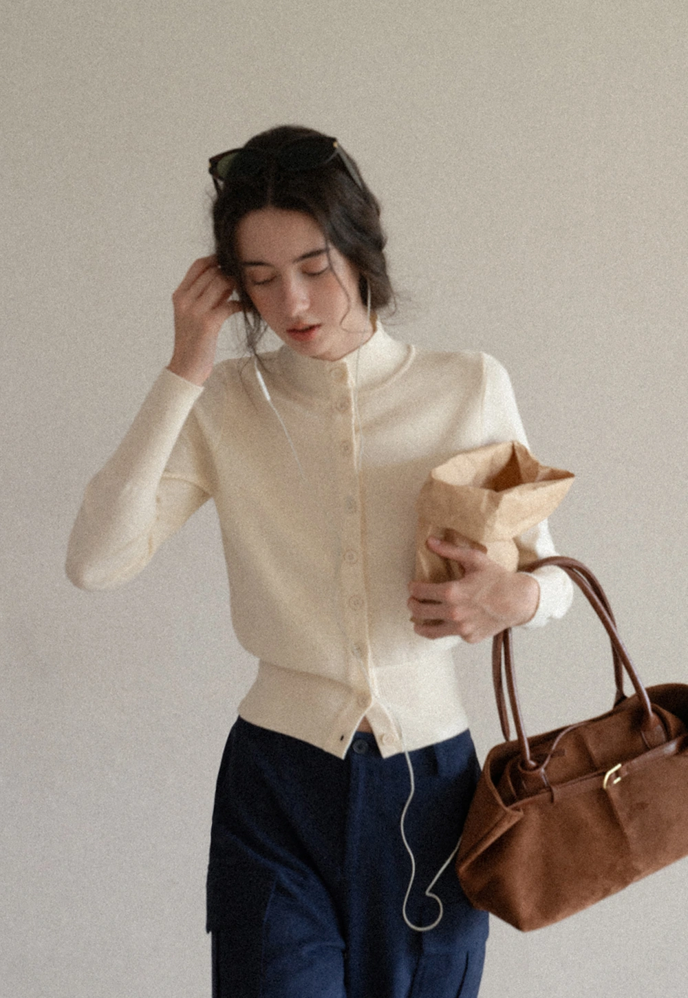 Mock Neck Button Up Knit Cardigan