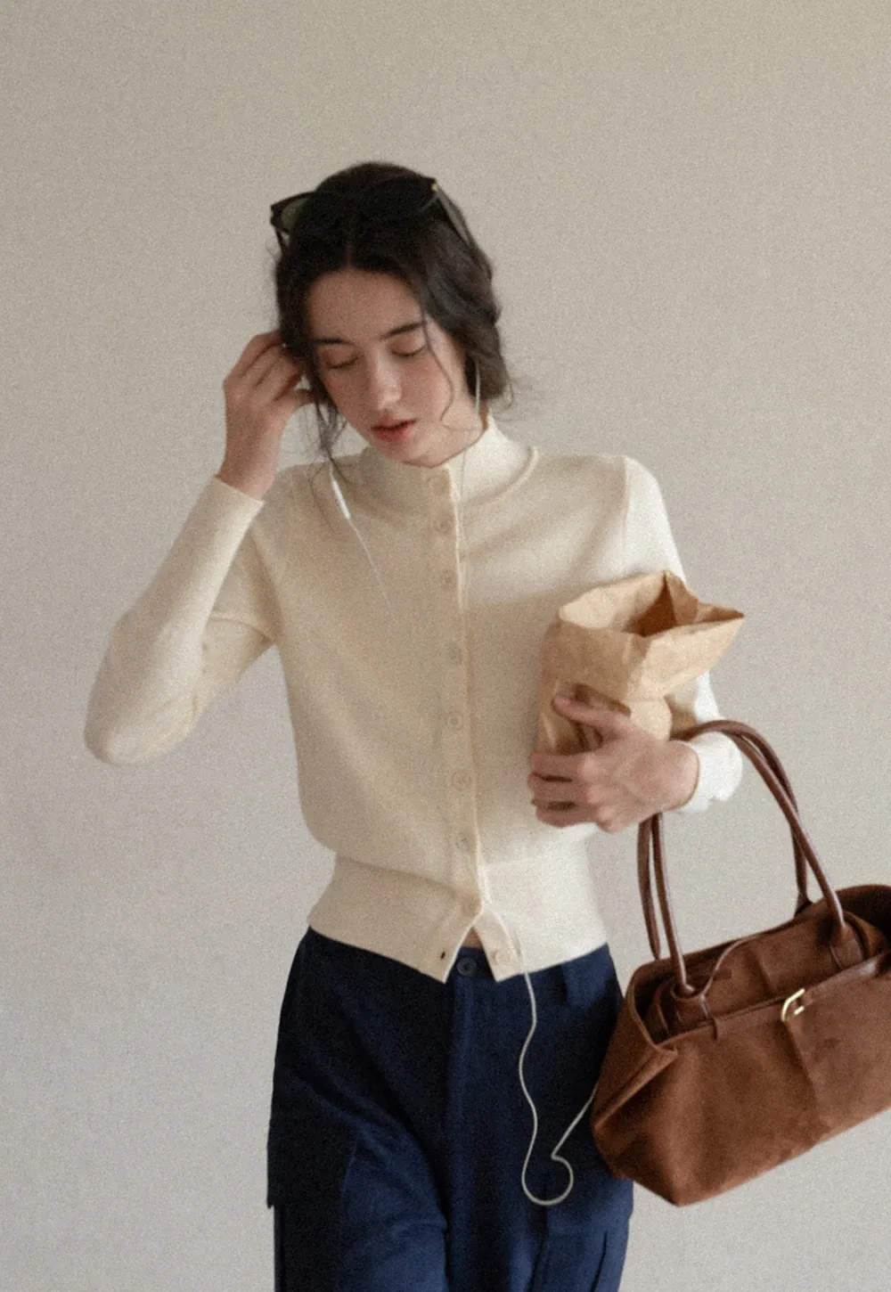 Mock Neck Button Up Knit Cardigan