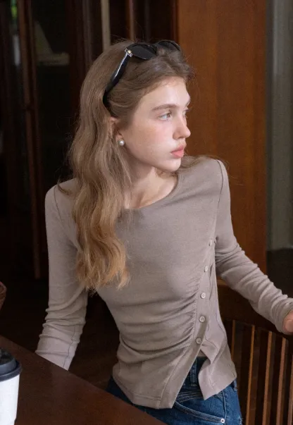 Crew Neck Long Sleeve Button Accent Top