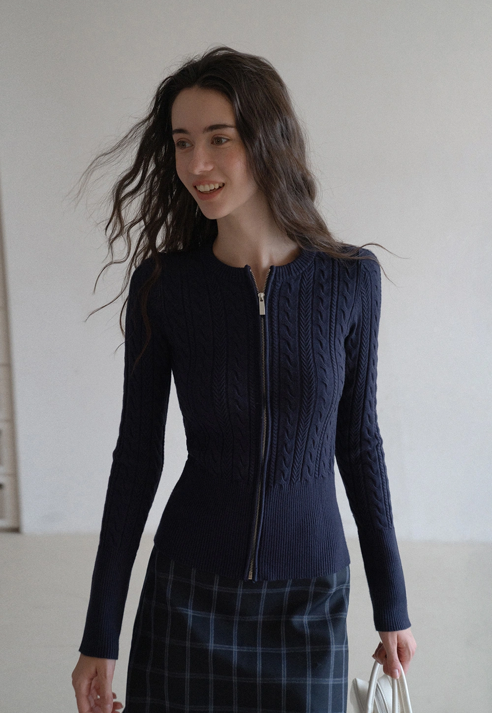 Casual Long Sleeve Cable Knit Top with Zipper