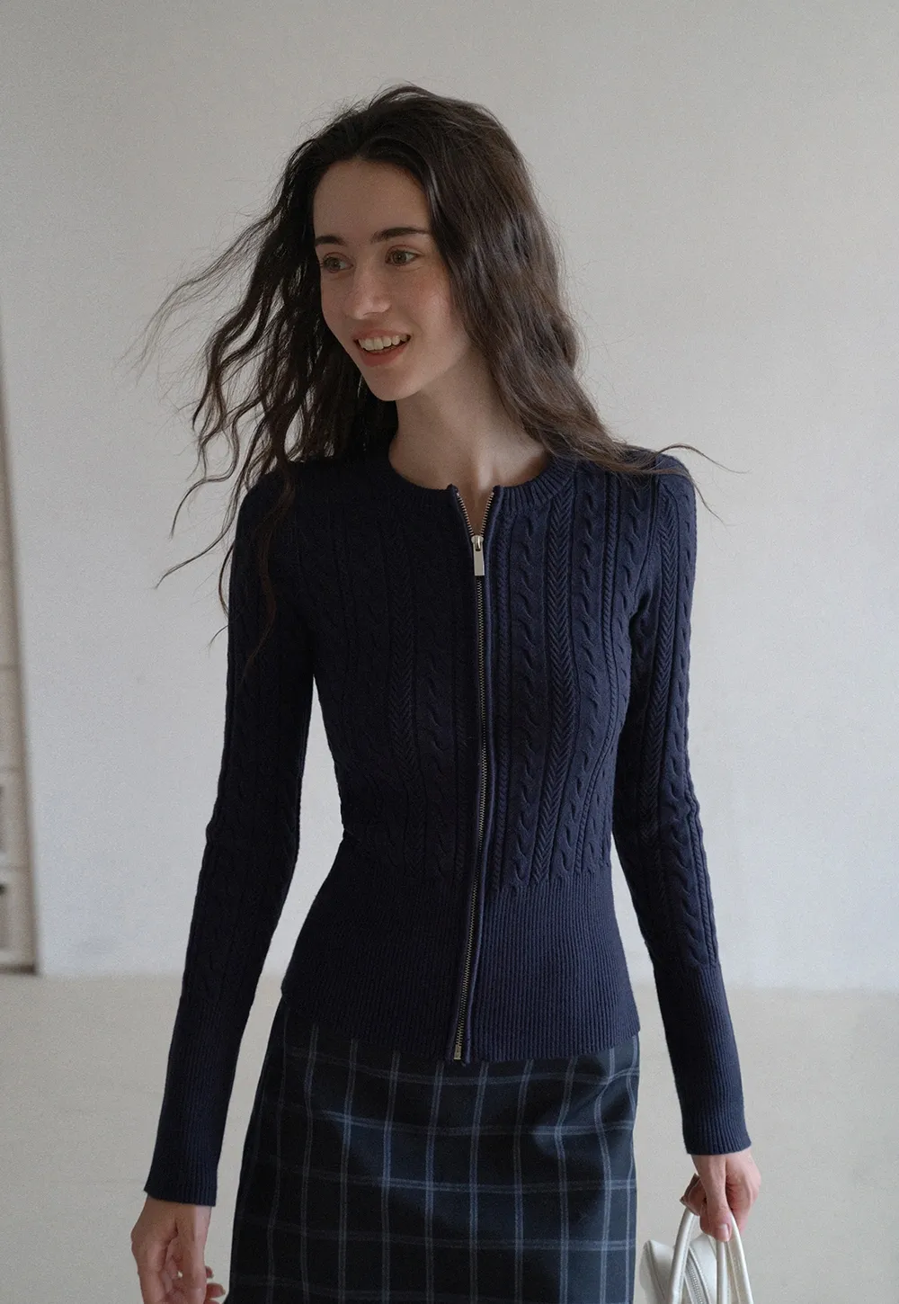 Casual Long Sleeve Cable Knit Top with Zipper