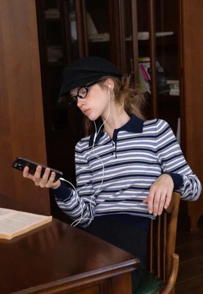 Womens Striped Knit Polo Sweater Long Sleeve