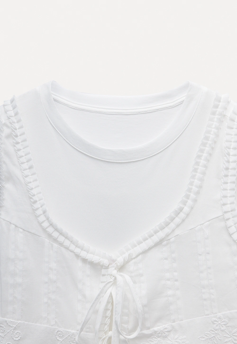 Women’s White Ruffle-Tiered Tie Shirts