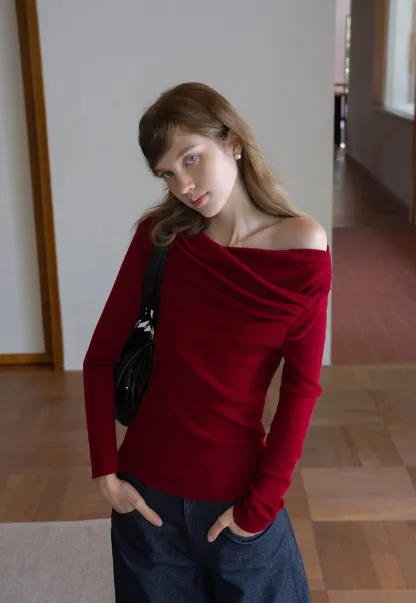 Womens Asymmetrical Draped Knit Top