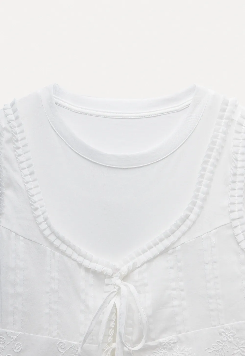 Women’s White Ruffle-Tiered Tie Shirts