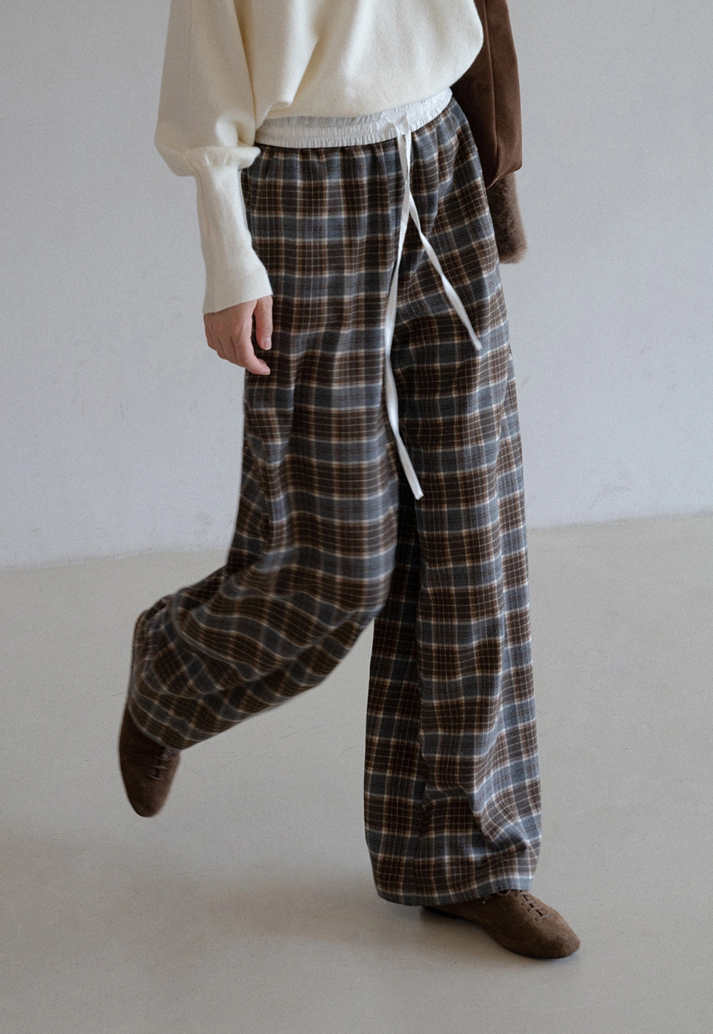 Womens Plaid Wide Leg Drawstring Pants
