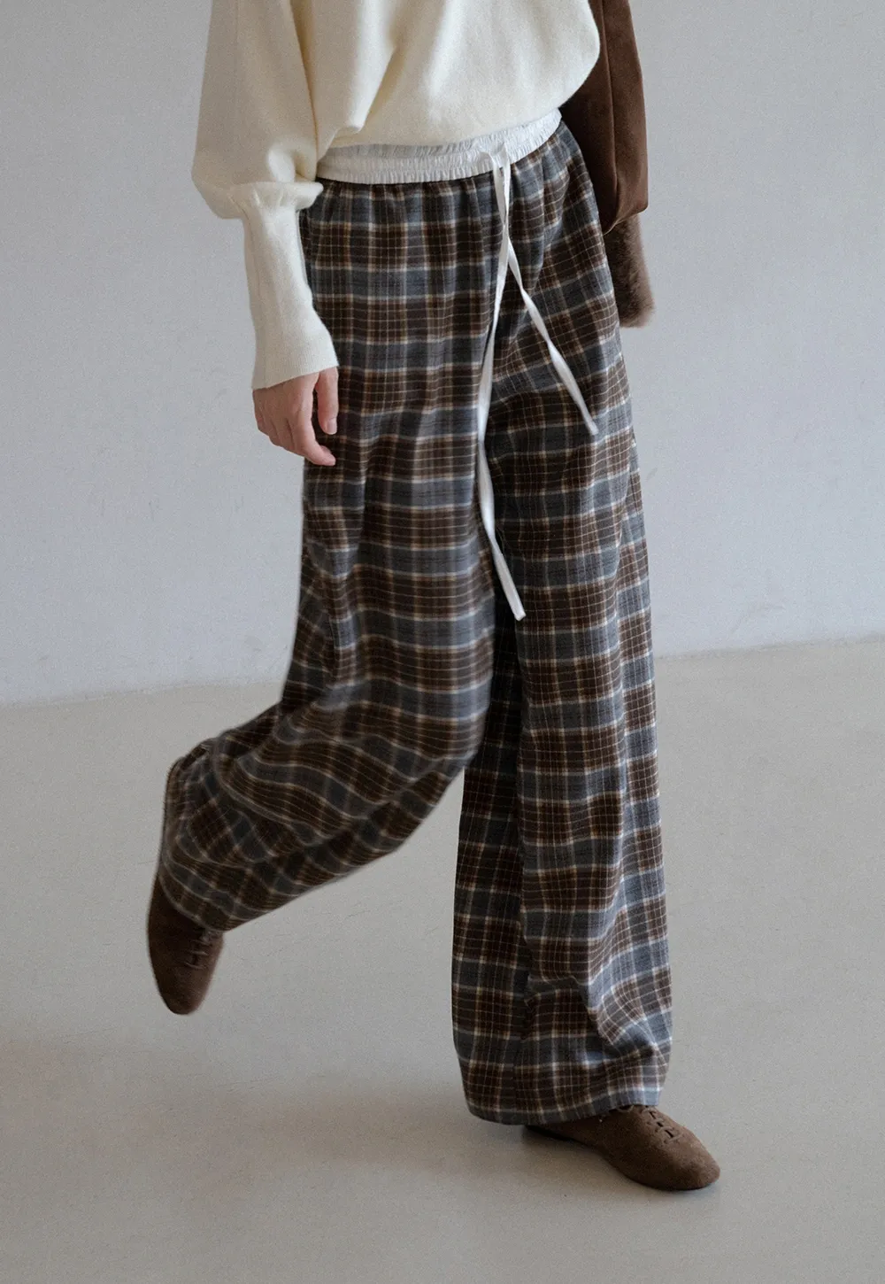 Womens Plaid Wide Leg Drawstring Pants