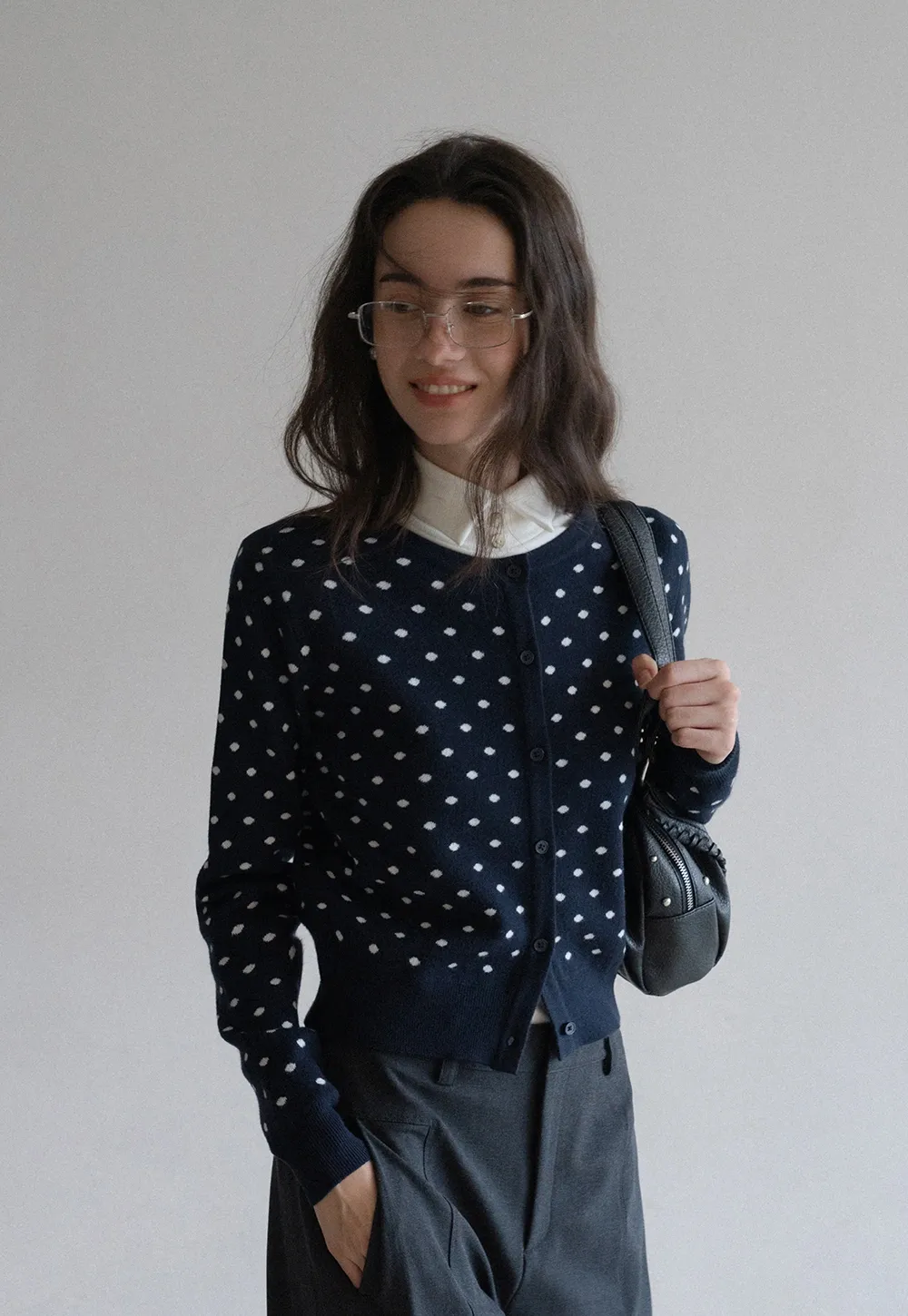 Vintage-Inspired Polka Dot Knit Cardigan