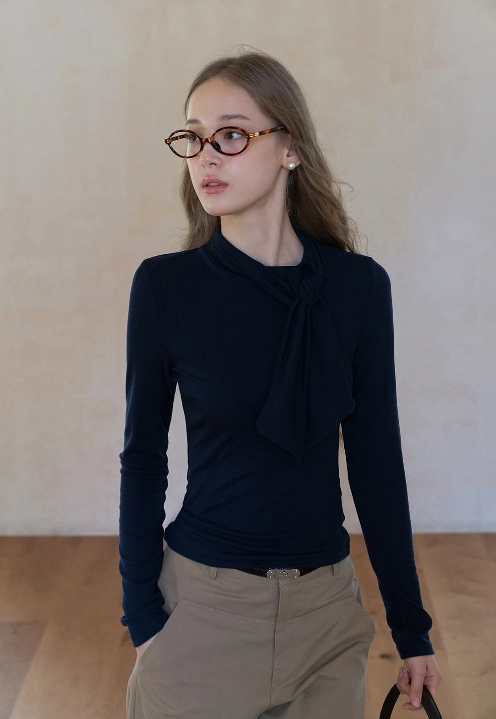 Womens Long Sleeve Tie Neck Tee