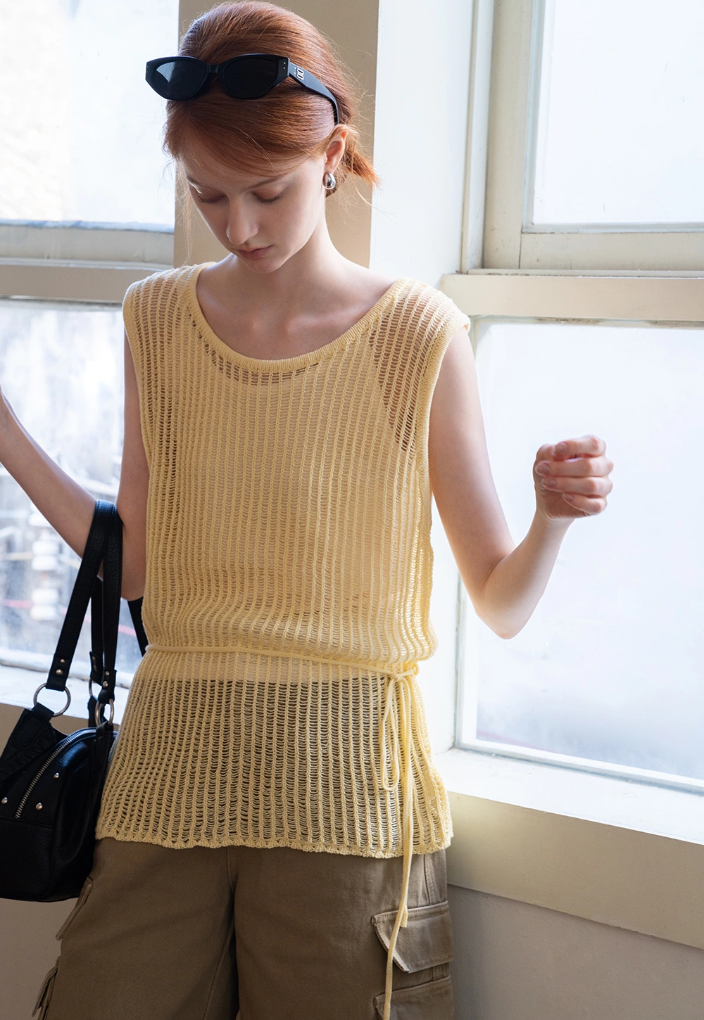 Women's Yellow Knit Top and Beige Tank Top Set