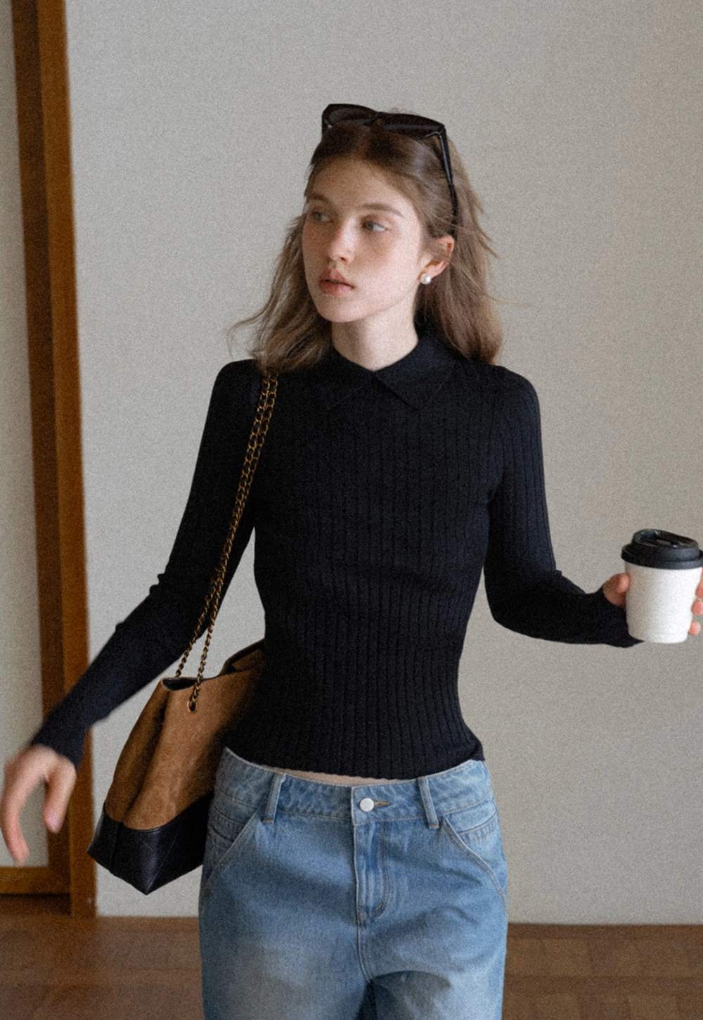 Women Classic Ribbed Knit Polo Long Sleeve