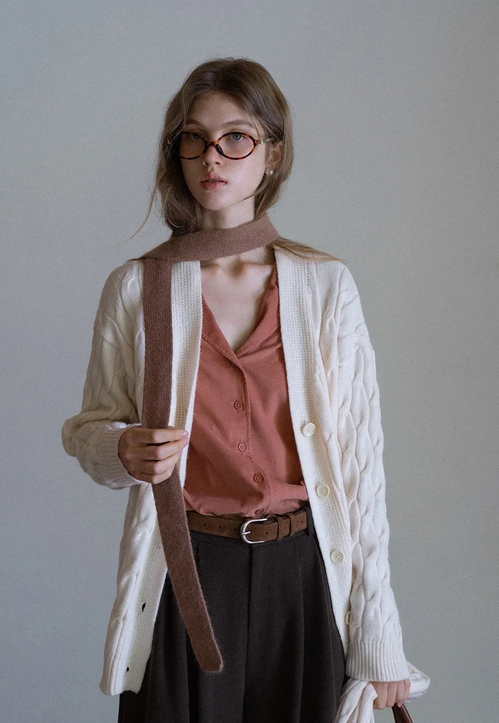 Womens Cable Knit Cardigan Sweater with Matching Scarf