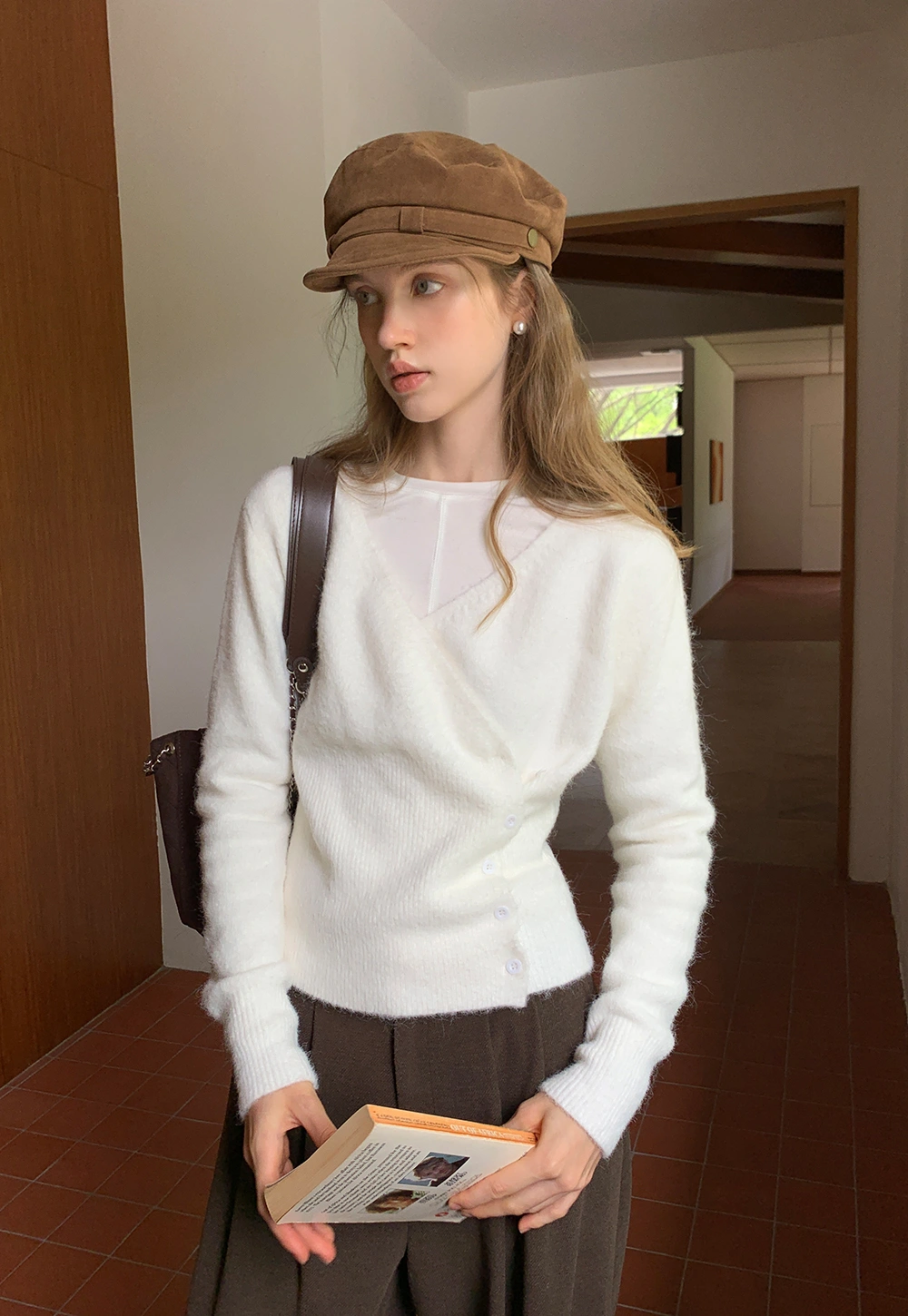 Womens White V-Neck Cardigan