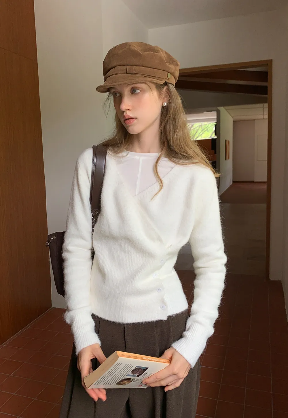 Womens White V-Neck Cardigan