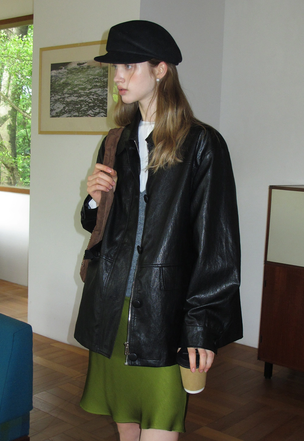 Womens Black Faux Leather Jacke