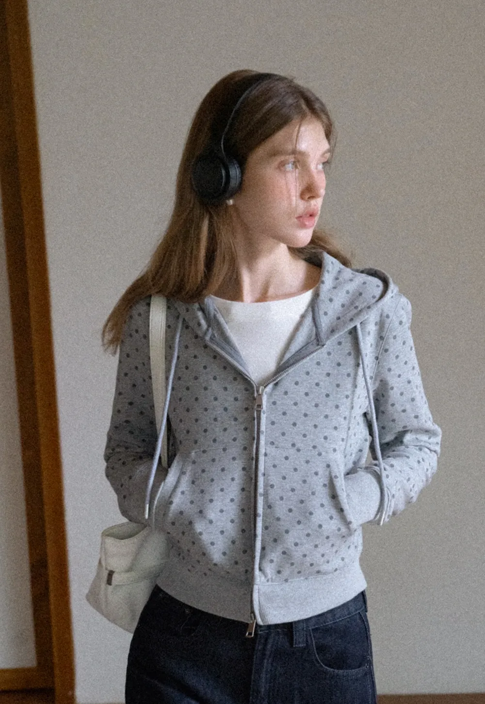 Womens Casual Polka Dot Zip-Up Hoodie