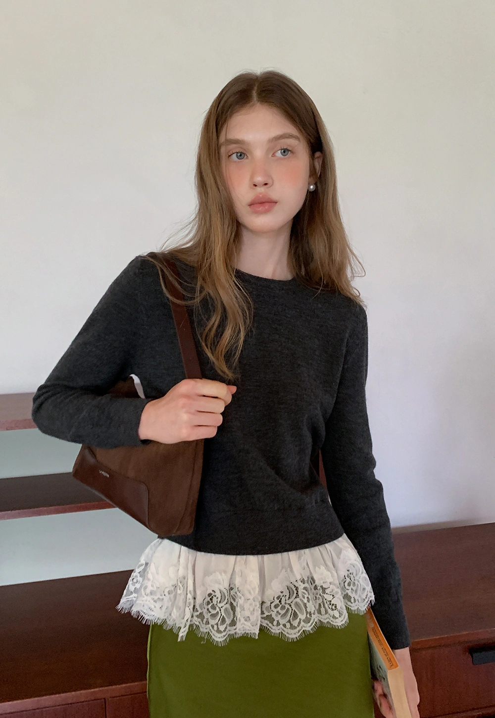 Womens Knit Sweater with Lace Hem