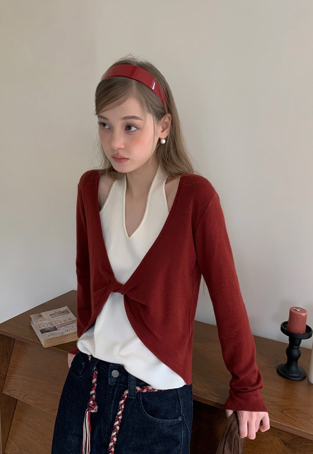 Women Casual Long Sleeve Halter Top with Twist Front Design