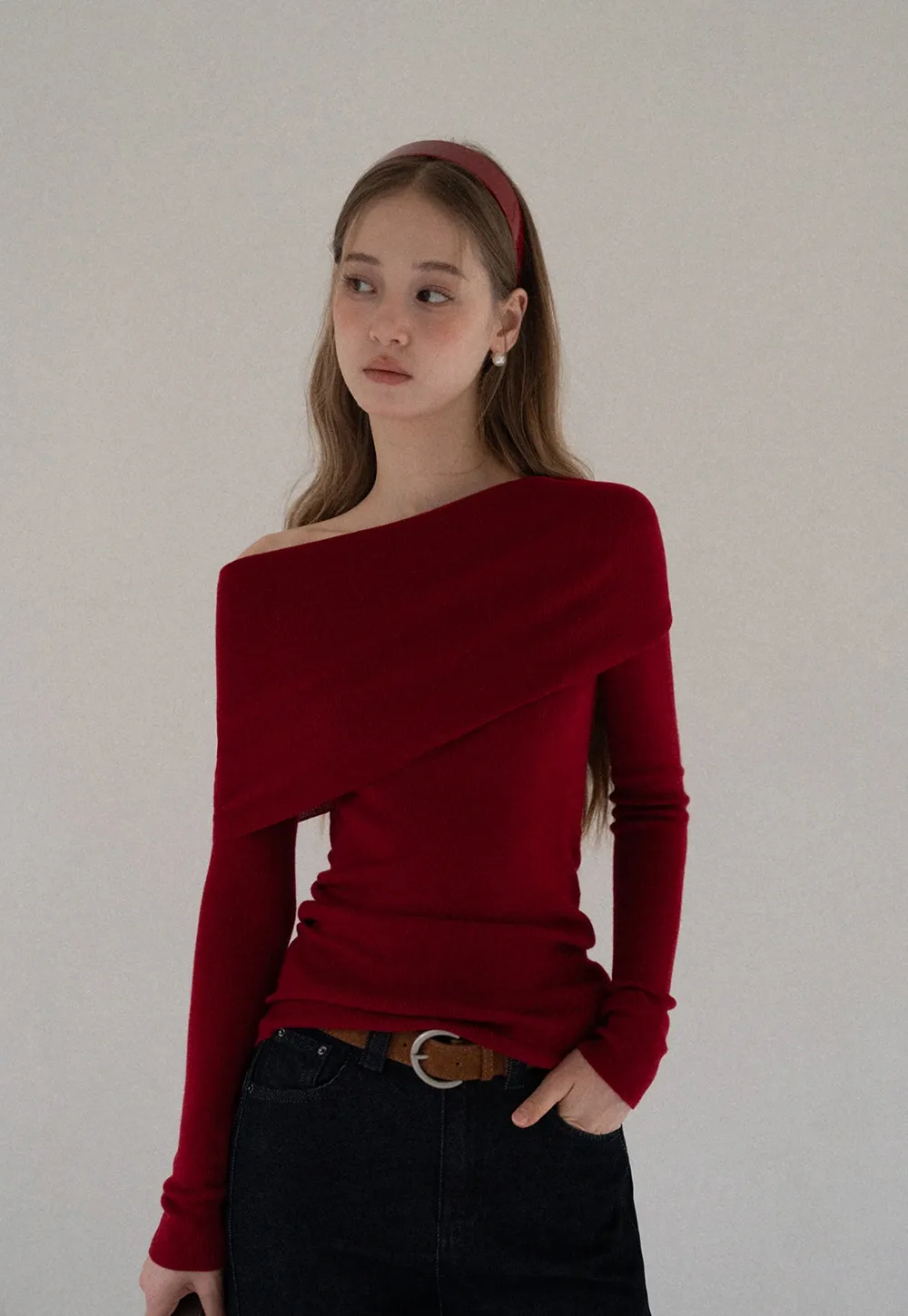 Women Off Shoulder Long Sleeve Knit Sweater Top Slim Fit