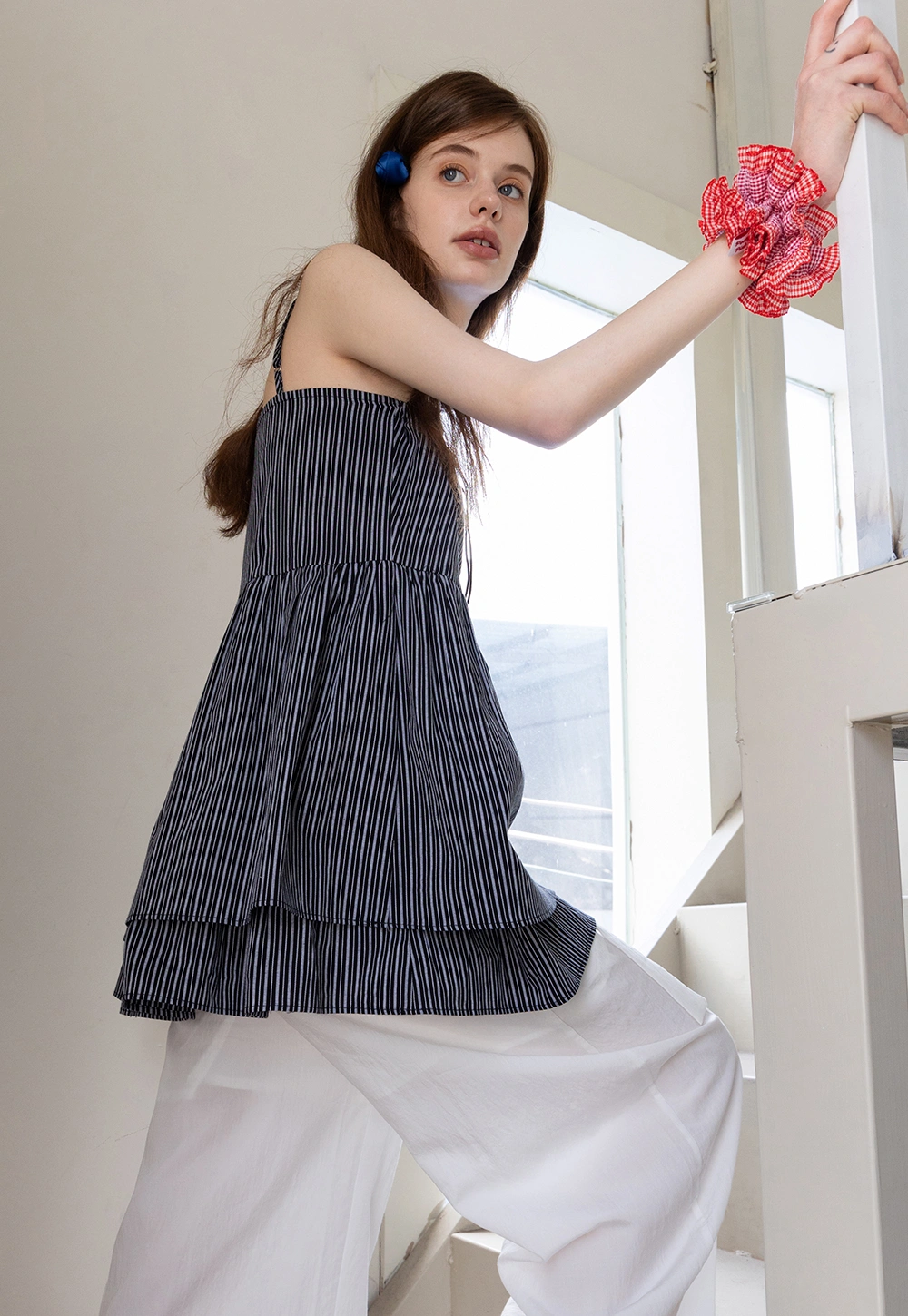 Striped Spaghetti Strap Ruffled Peplum Top