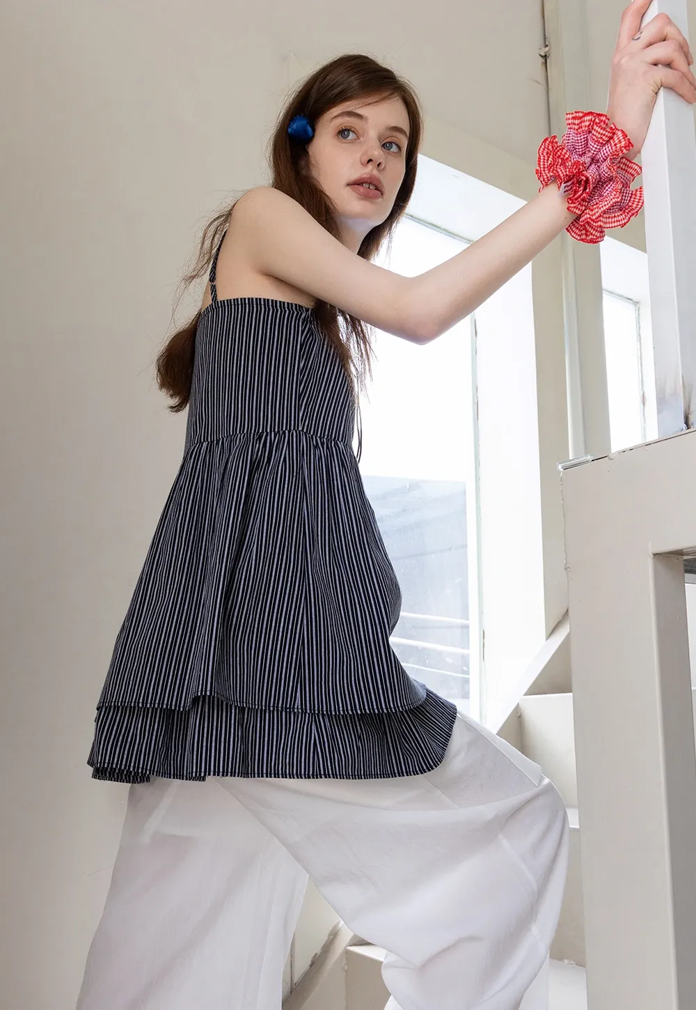 Striped Spaghetti Strap Ruffled Peplum Top