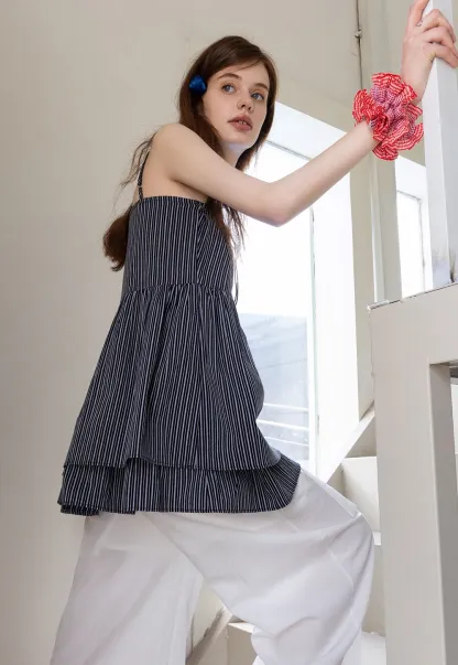 Striped Spaghetti Strap Ruffled Peplum Top