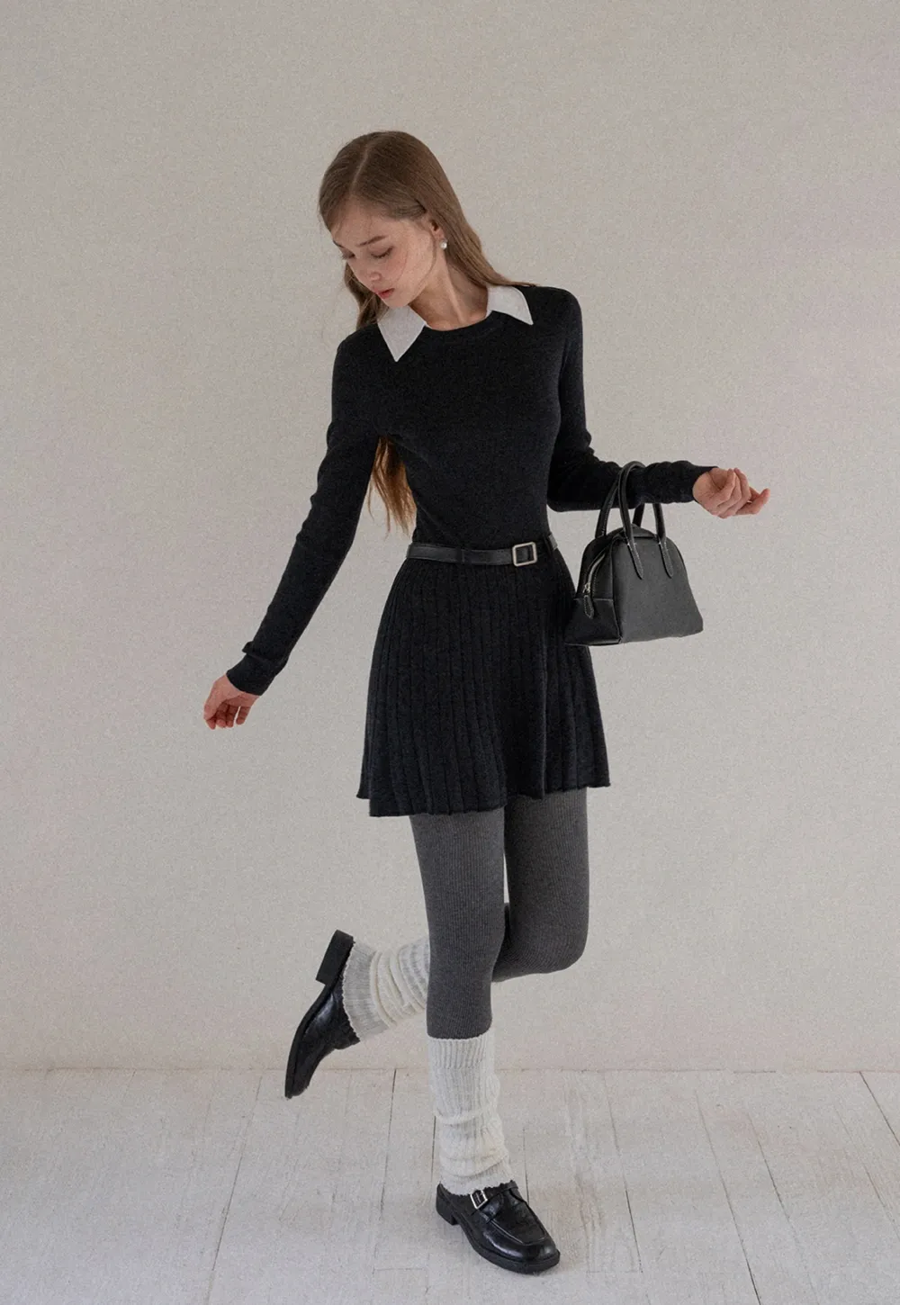 Women Black Sweater Dress with White Collar and Belt
